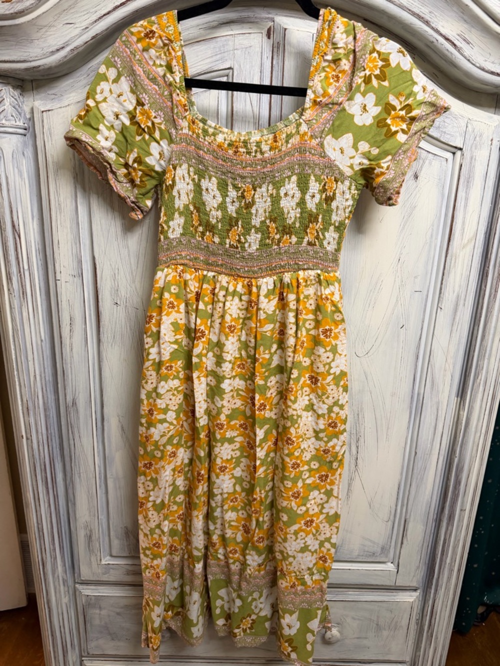 Polagram Floral Smocked Dress Small Boho Cottagecore Midi Green Yellow